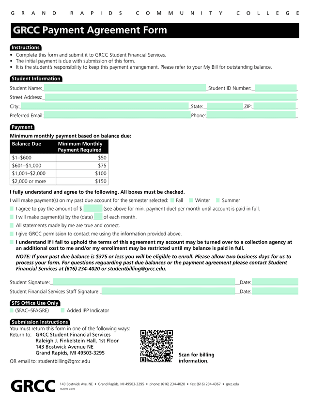 Payment Agreement Form screenshot