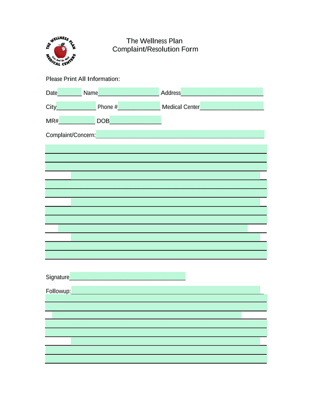 The Wellness Plan ComplaintResolution Form screenshot