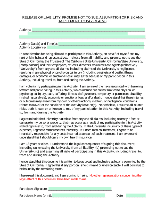 Release Of Liability, Promise Not To Sue, Assumption Of Risk And Agreement To Pay Claims screenshot
