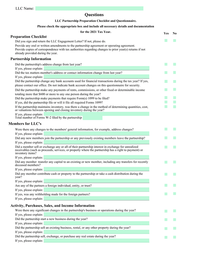 LLC Partnership Preparation Checklist And Questionnaire screenshot