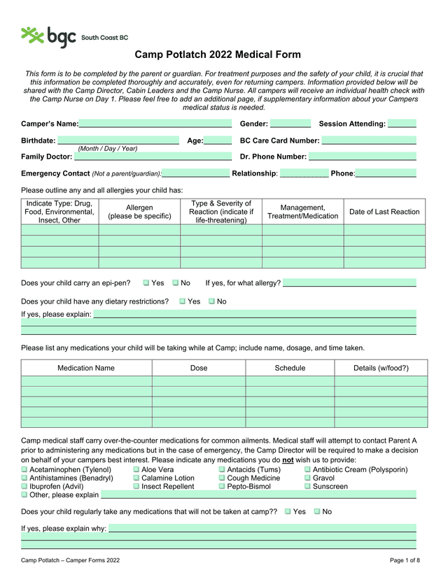Camp Potlatch 2022 Medical Form screenshot