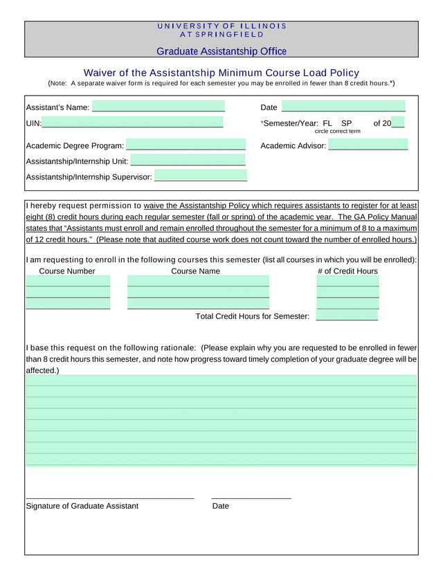 Waiver Of The Assistantship Minimum Course Load Policy screenshot