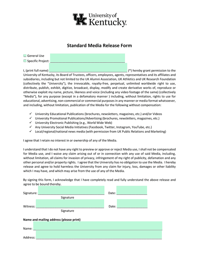 Standard Media Release Form screenshot