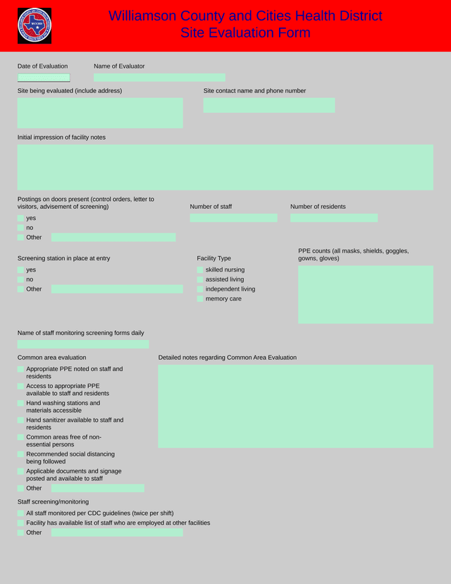 Williamson County And Cities Health District Site Evaluation Form screenshot