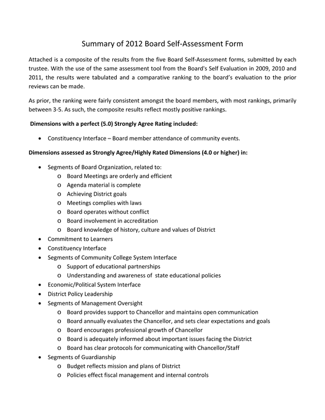 Summary Of 2012 Board Self Assessment Form screenshot