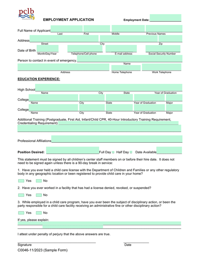 Employment Application screenshot