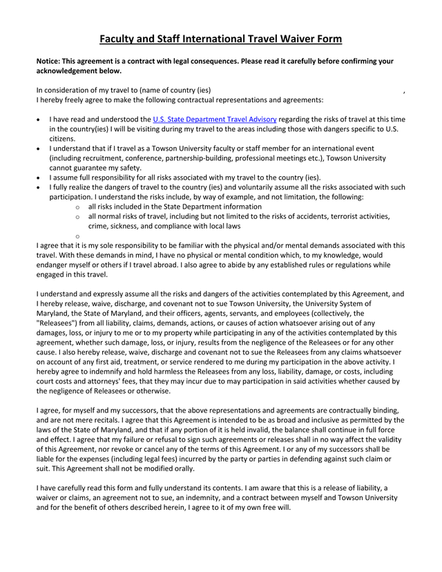 Faculty And Staff International Travel Waiver Form screenshot