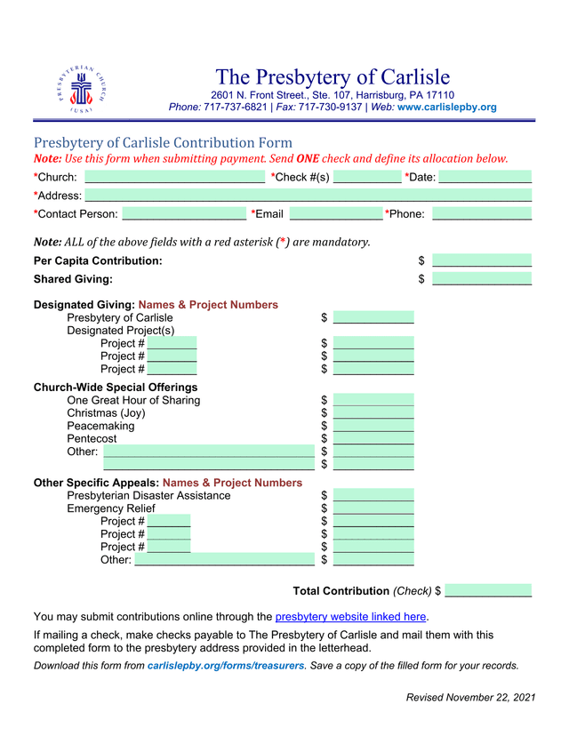 Presbytery Of Carlisle Contribution Form screenshot