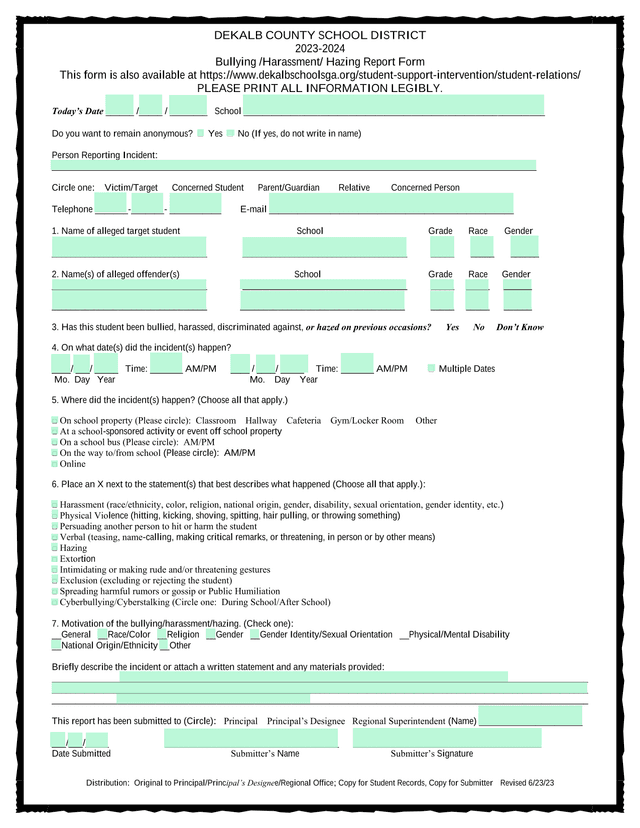 DeKalb County School District BullyingHarassmentHazing Report Form screenshot