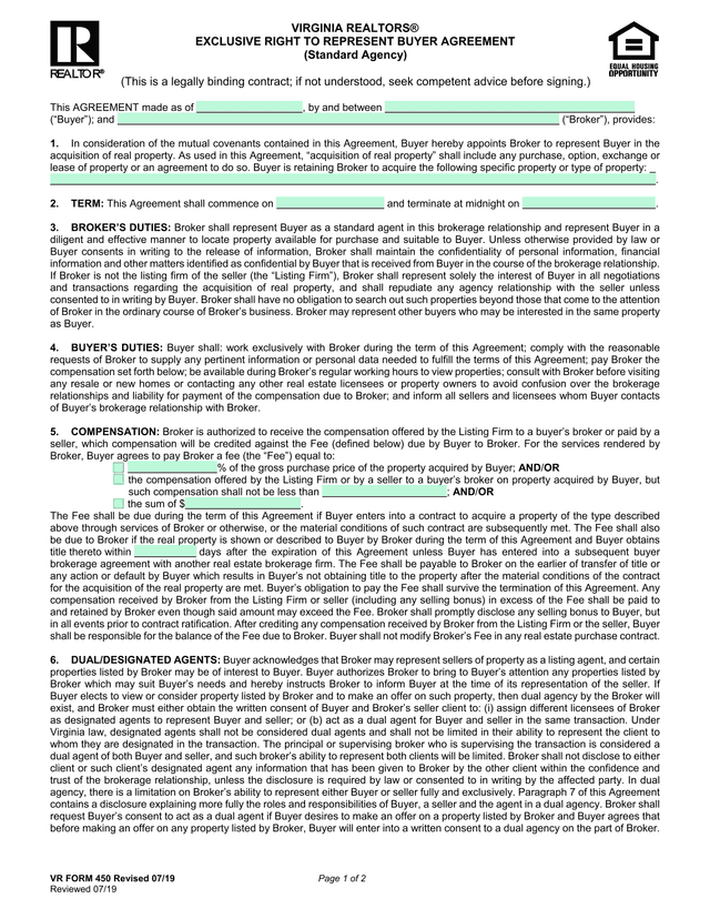VR FORM 450   Exclusive Right To Represent Buyer Agreement screenshot