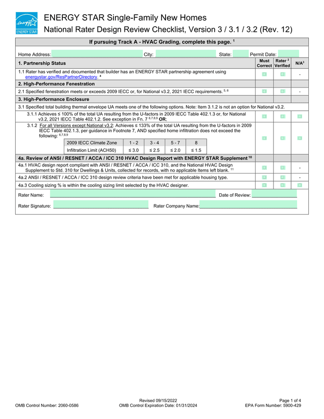 ENERGY STAR Single Family New Homes National Rater Design Review Checklist screenshot