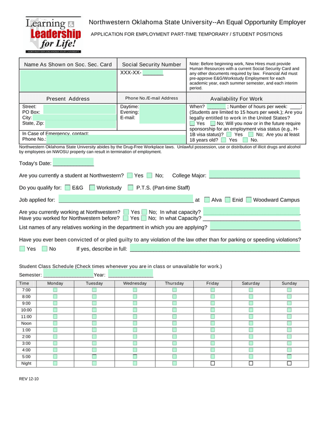 Application For Employment Part Time Temporary  Student Positions screenshot