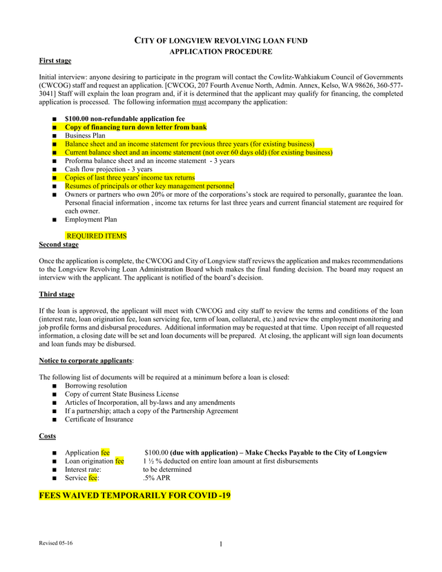 City Of Longview Revolving Loan Fund Application Procedure screenshot