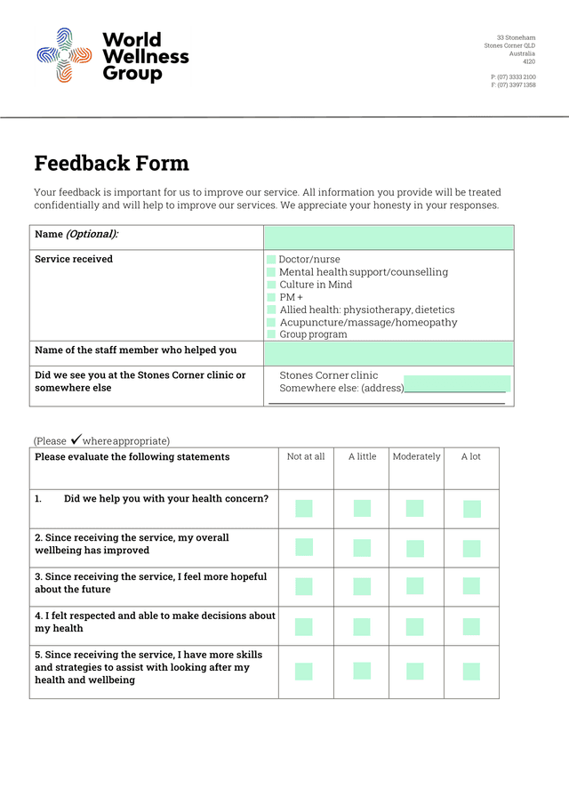 WWG Client Feedback Form screenshot