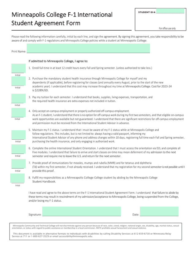 Minneapolis College F 1 International Student Agreement Form screenshot