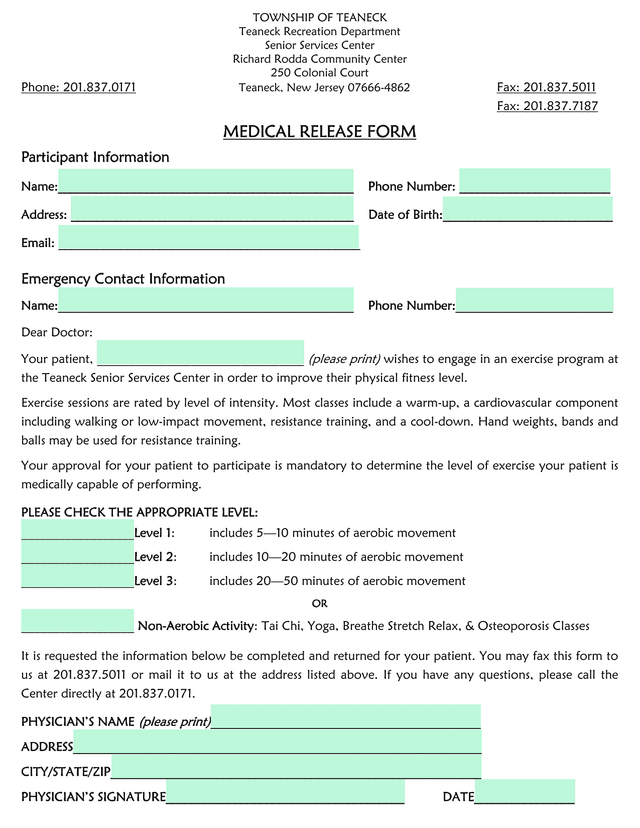 MEDICAL RELEASE FORM screenshot