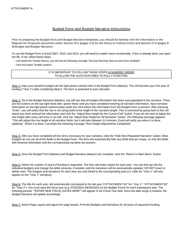 Attachment H Budget Form Instructions screenshot