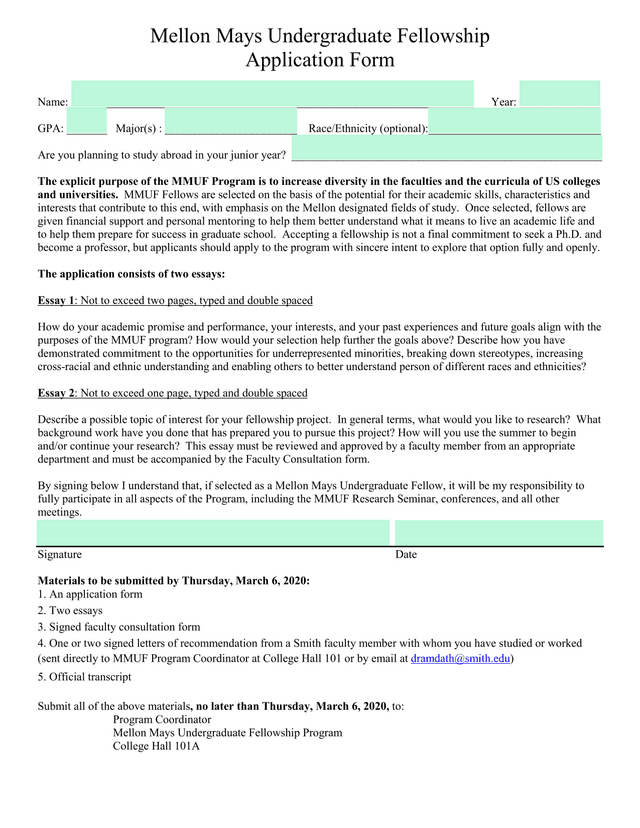 Mellon Mays Undergraduate Fellowship Application Form screenshot