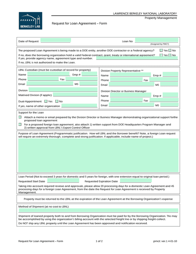 Request For Loan Agreement  Form screenshot