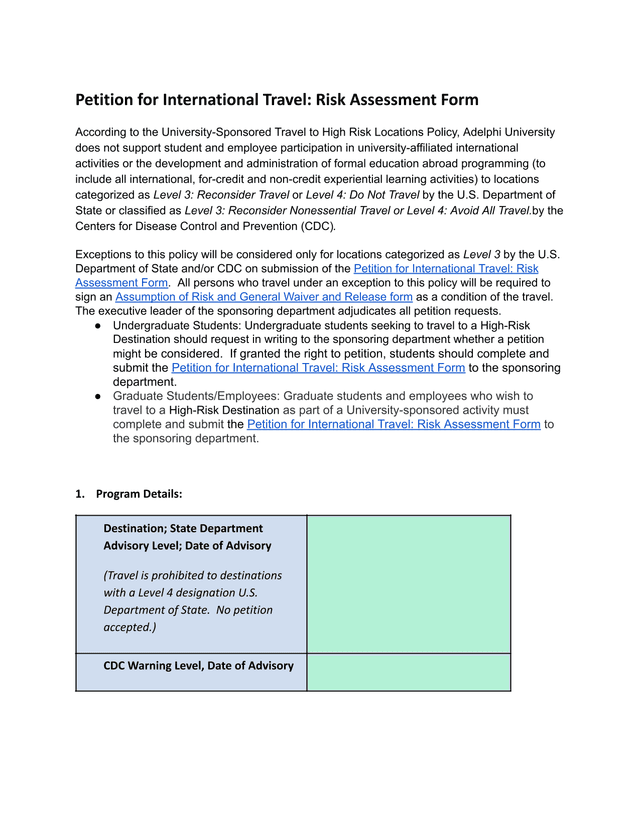 Petition For International Travel Risk Assessment Form screenshot
