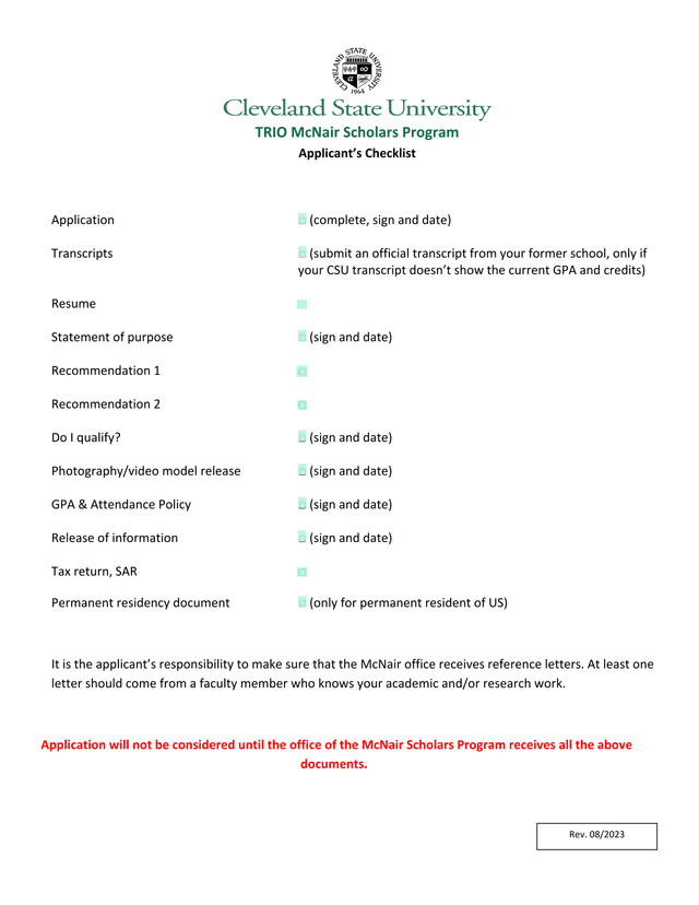 TRIO McNair Scholars Program ApplicantS Checklist screenshot