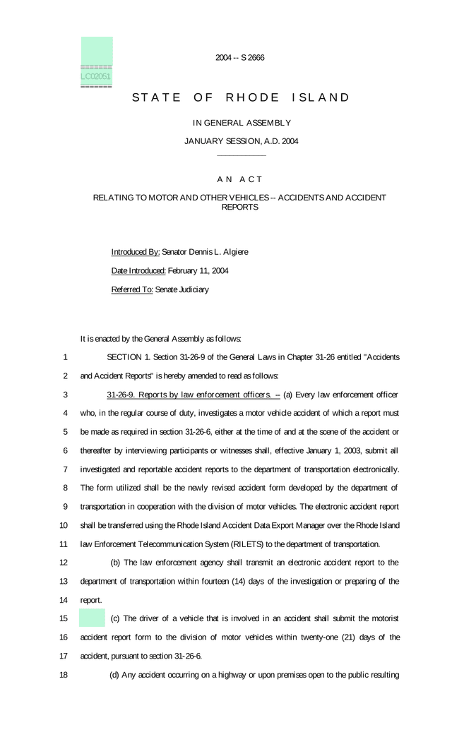 Legislation   Motor Vehicle Accident Reporting (S 2666) screenshot