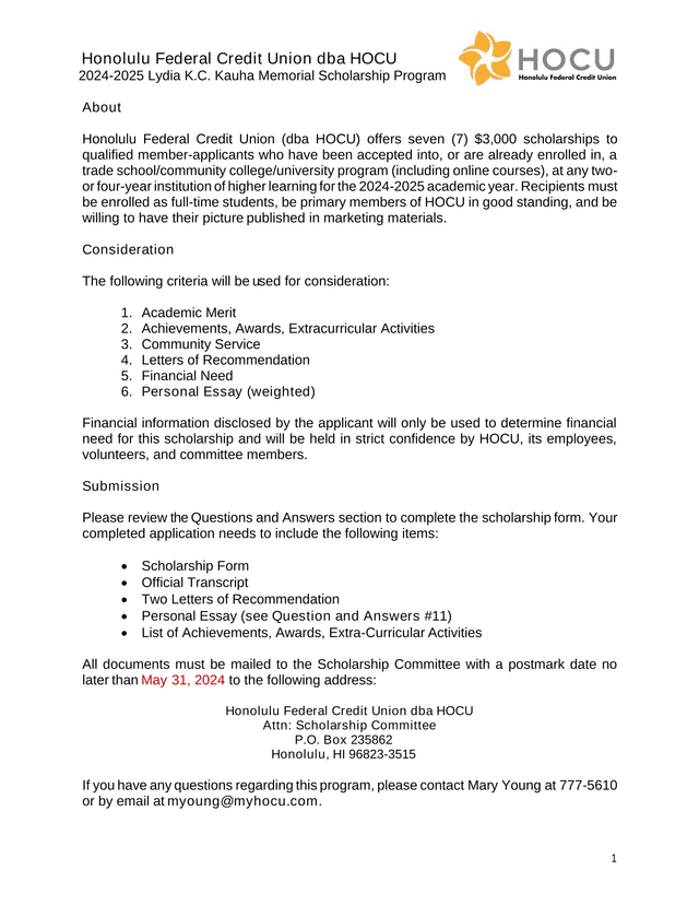 2024 2025 Lydia K.C. Kauha Memorial Scholarship Program screenshot