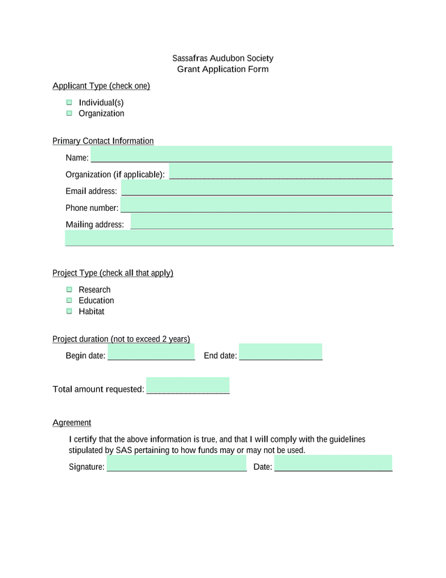 Sassafras Audubon Society Grant Application Form screenshot