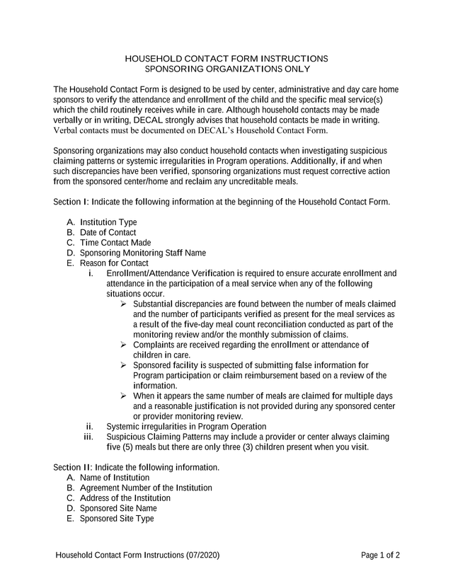 Household Contact Form Instructions screenshot