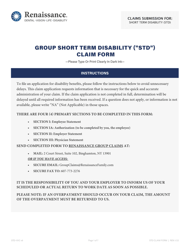 STD 101C GROUP SHORT TERM DISABILITY (STD) CLAIM FORM screenshot