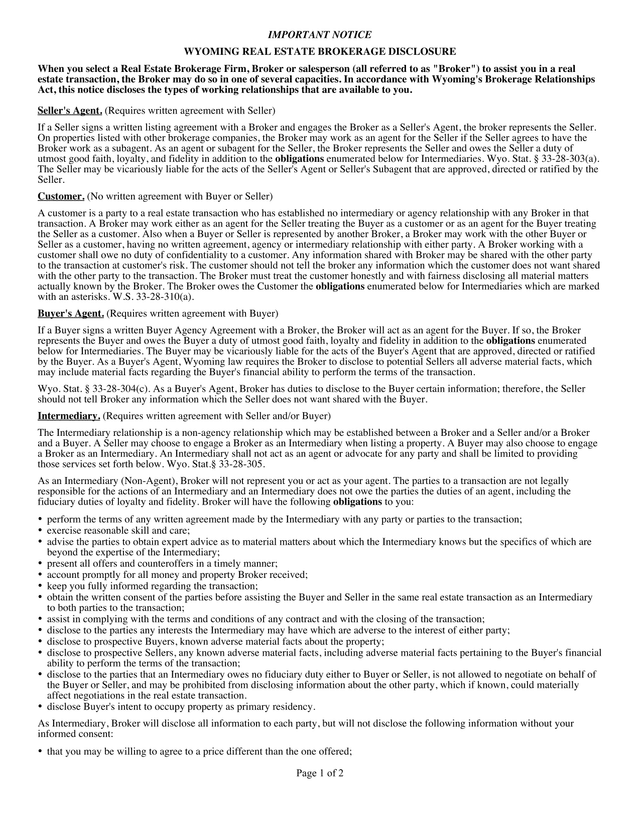 Wyoming Real Estate Brokerage Disclosure screenshot