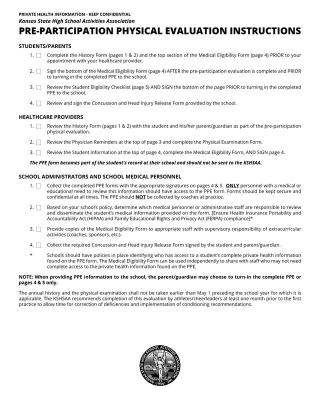 Pre Participation Physical Evaluation (PPE) Instructions screenshot