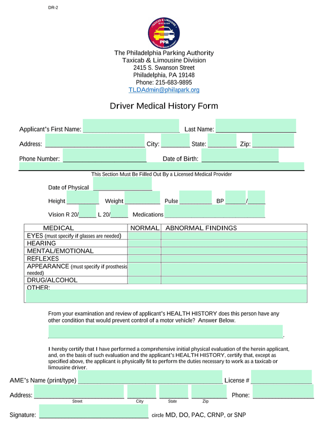 Driver Medical History Form screenshot