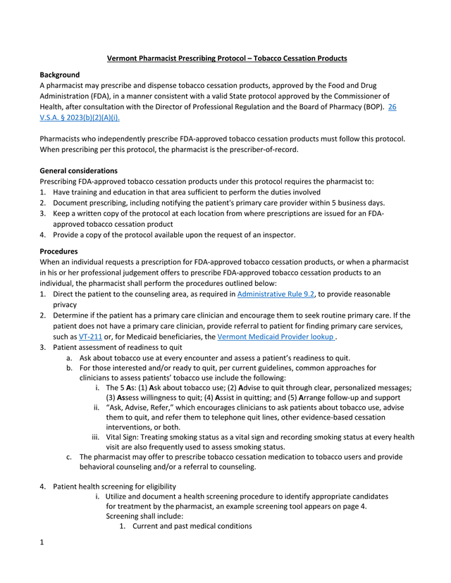 Vermont Pharmacist Prescribing Protocol  Tobacco Cessation Products screenshot