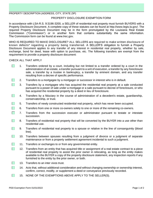 Property Disclosure Exemption Form screenshot