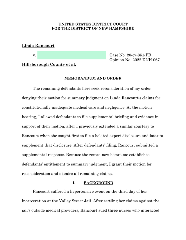 United States District Court Case No. 20 Cv 351 PB screenshot