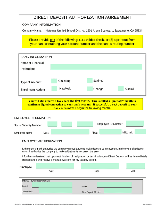 Direct Deposit Authorization Agreement screenshot