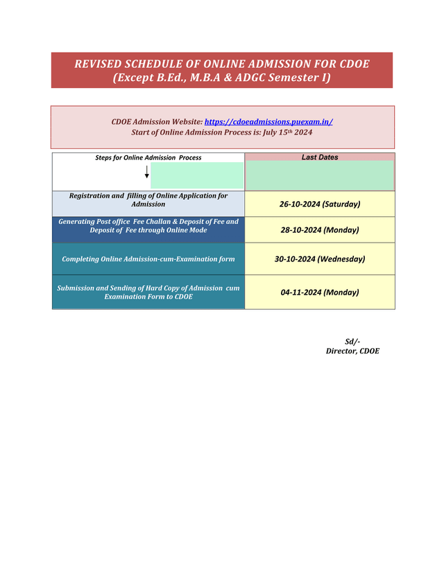 REVISED SCHEDULE OF ONLINE ADMISSION FOR CDOE screenshot