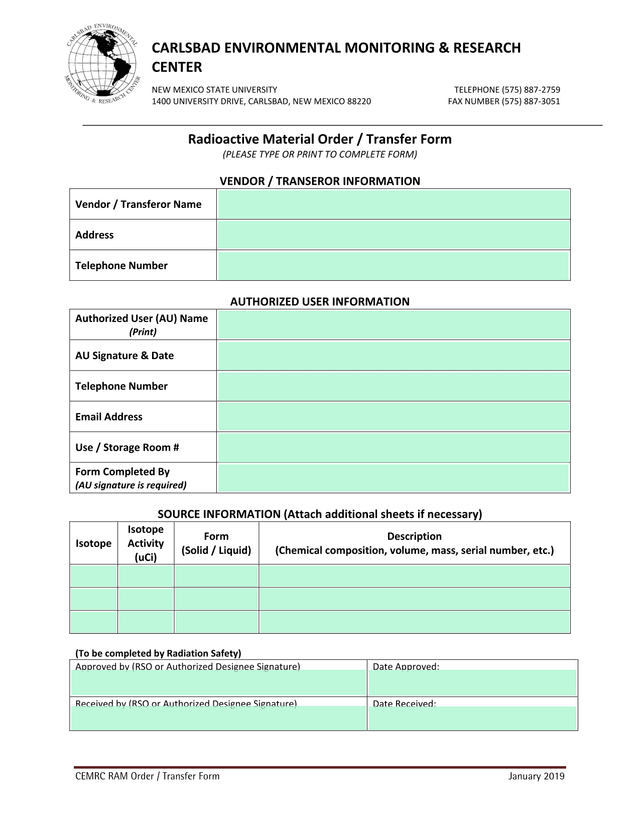 CEMRC RAM Order  Transfer Form screenshot