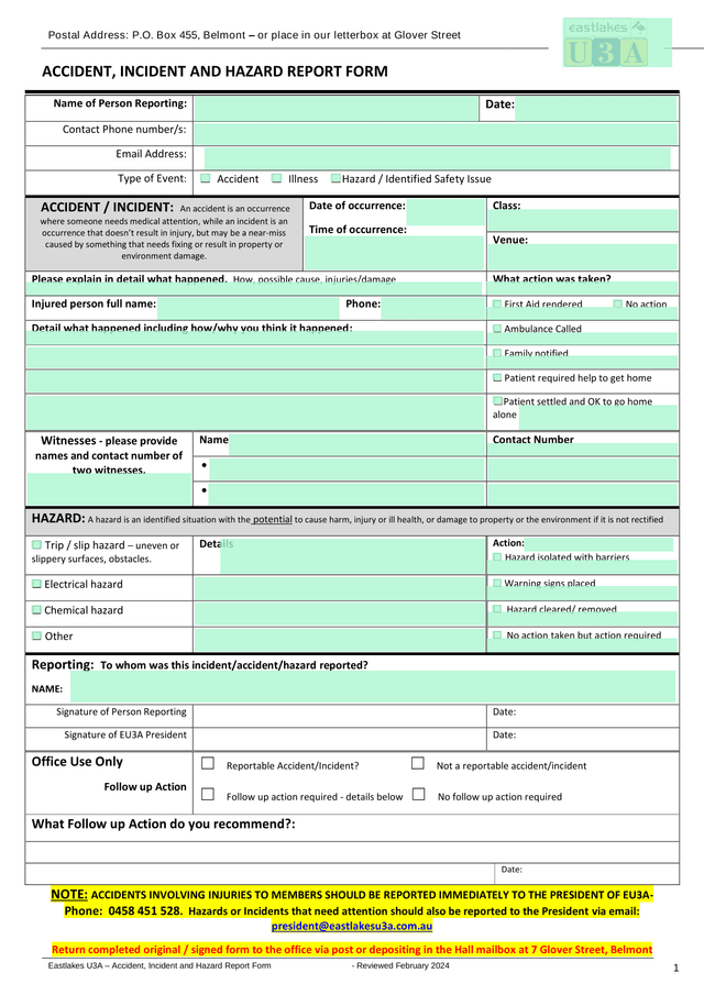 Eastlakes U3A  Accident, Incident And Hazard Report Form screenshot