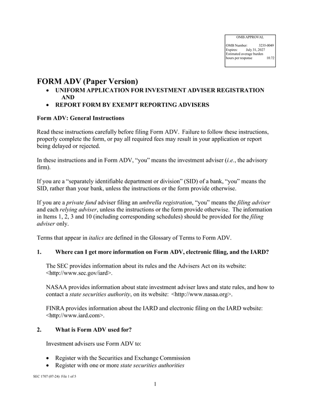 Form ADV (Paper Version) screenshot