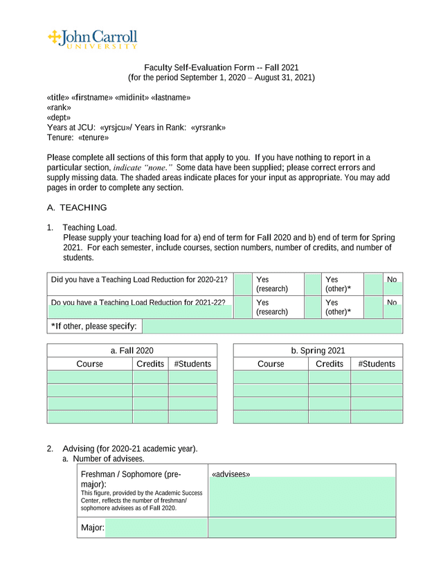 Faculty Self Evaluation Form    Fall 2021 screenshot