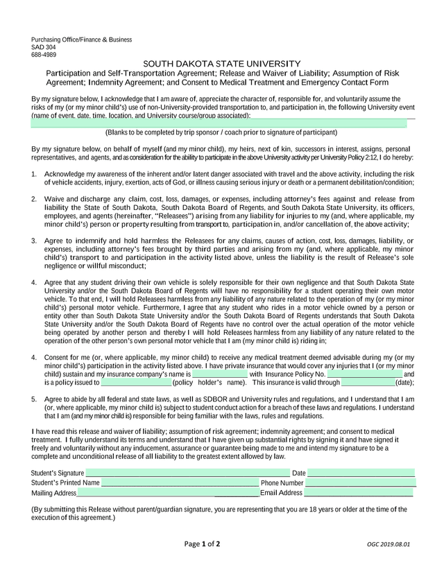 Participation And Self Transportation Agreement Release And Waiver Of Liability Assumption Of Risk A screenshot