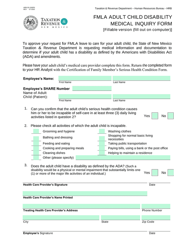 FMLA Adult Child Disability Medical Inquiry Form screenshot