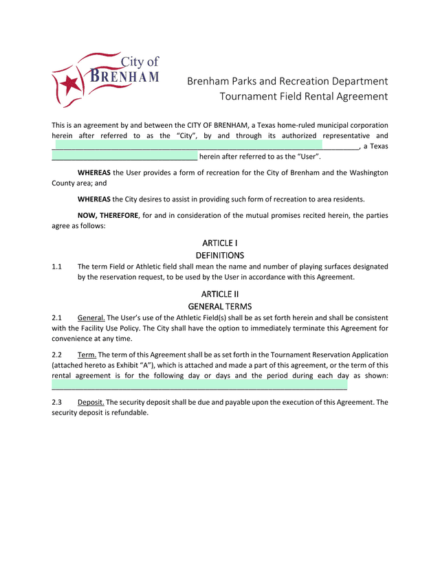 Tournament Field Rental Agreement screenshot
