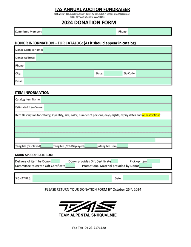 TAS Annual Auction Fundraiser Donation Form screenshot
