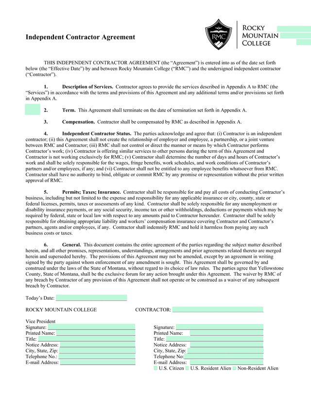 Independent Contractor Agreement screenshot
