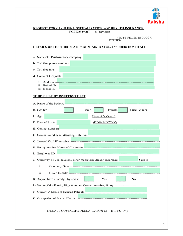 REQUEST FOR CASHLESS HOSPITALISATION FOR HEALTH INSURANCE screenshot