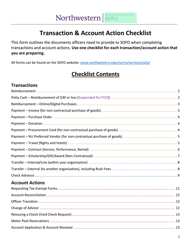 Transaction  Account Action Checklist screenshot