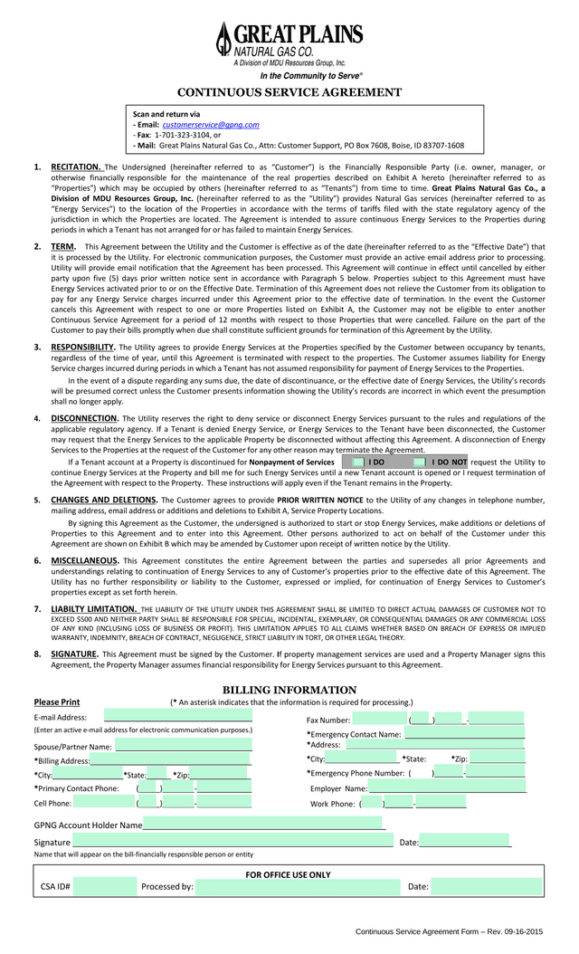 Continuous Service Agreement screenshot